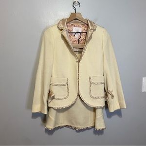 Rebecca Taylor 2 Piece Skirt Suit Set Ribbed Lady Like Silk Trim Cream Bow Sz 6